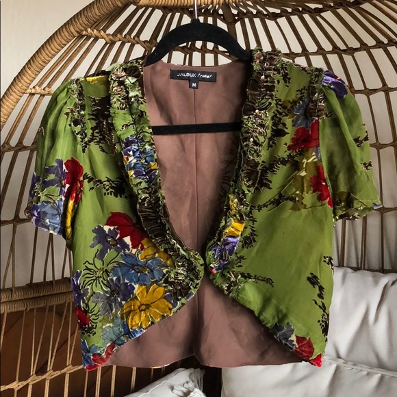 JALOUX / ralu / Sweaters - JALOUX | Green & Brown Silk Velvet Floral Short Sleeve Shrug | M